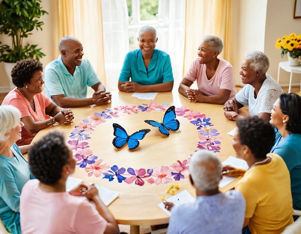 A warm and inviting gathering of diverse cancer survivors in a supportive circle, sharing stories and laughter. Include symbols of hope like a butterfly and a blooming flower in the background. Soft, calming colors to evoke a sense of community and strength. Super-realistic. Vibrant colors. Soft focus.