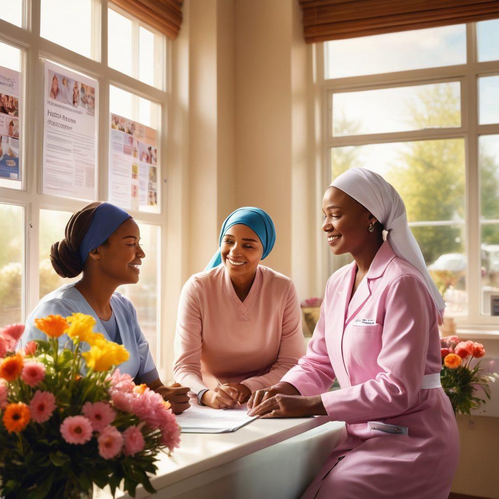 A caring nurse is helping a diverse group of patients, including a young woman with a headscarf and an elderly man, in a well-lit community clinic filled with educational posters about cancer awareness. Surrounding them, vibrant flowers symbolize hope and resilience. Gentle sunlight streams through large windows, creating an atmosphere of support and empowerment. super-realistic. vibrant colors. warm tones.