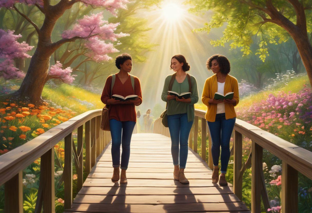 A journey through a vibrant landscape symbolizing empowerment, featuring a diverse group of people holding knowledge tools like books and tablets, crossing a bridge that represents the path from awareness to advocacy. Soft sunlight filtering through trees, casting hopeful shadows, and a background of blooming flowers symbolizing growth and healing. super-realistic. vibrant colors. gentle warm tones.